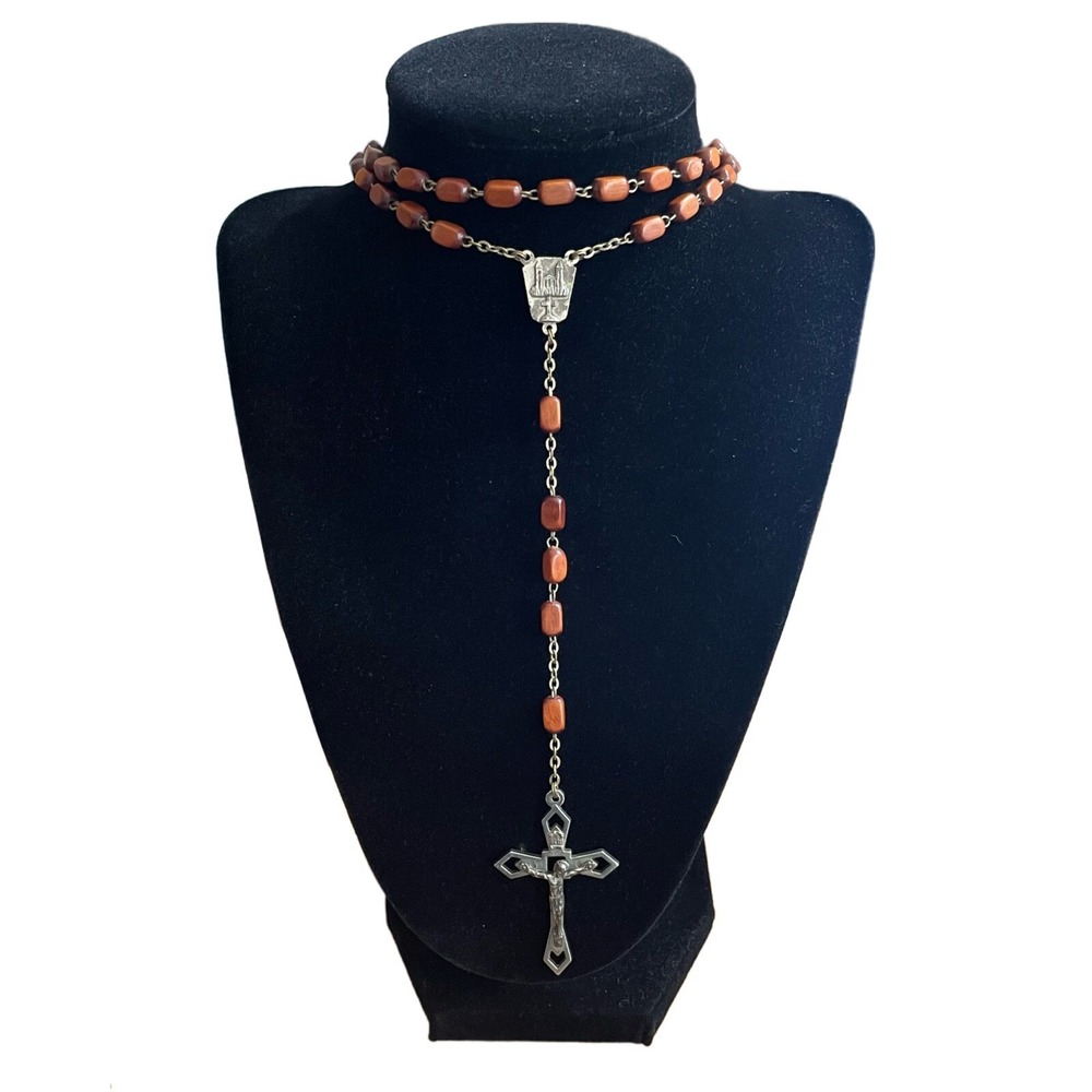 Vintage Rosary Crucifix Flat Wooden Beads Metal Chain Virgin Mary Marked ITALY